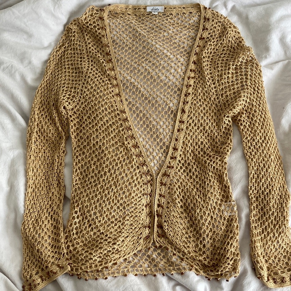 Vintage Di Vita 100% Silk Beaded Crochet Cardigan Hook Closure Size Large